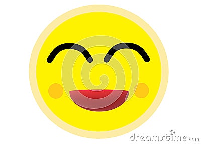 A bright yellow simile icon emoticon of a smiling face with black slit eyes red mouth and light orange dimples white backdrop Cartoon Illustration