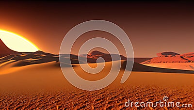 A bright yellow sun appears from behind the sand dunes of the desert. A bright dawn on an unknown planet. Fantasy world Stock Photo