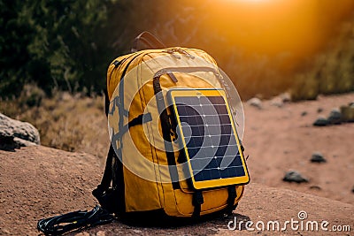 Bright yellow travel backpack with solar panel. Electricity for camping and the outdoors. Compact solar panels AI generation Stock Photo