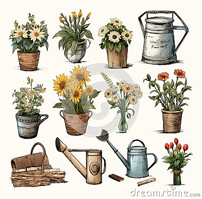Brighten Your Garden with Eye-Catching Gardening Supplies and Flowers Stock Photo