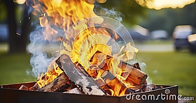 Brightly Burning Logs in a Metal Box for an Outdoor Barbecue Stock Photo