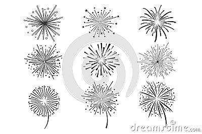 Brightly celebration fireworks set, holiday and party firework design elements vector illustration Vector Illustration