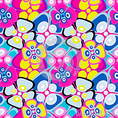 Brightly colored abstract flowers on a black background seamless pattern vector illustration Vector Illustration