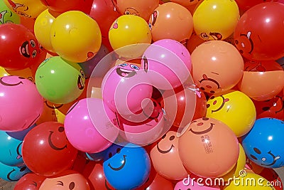 Brightly colored balloons filled with helium for the joy of children. Inflatable birthday balloon balloons. Ready for celebration. Stock Photo