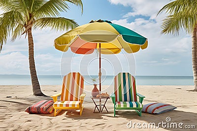 Brightly colored beach chairs and umbrella, on a beach with ocean backdrop, Generative AI Stock Photo