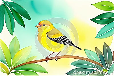 Brightly colored canary painted with watercolors Stock Photo