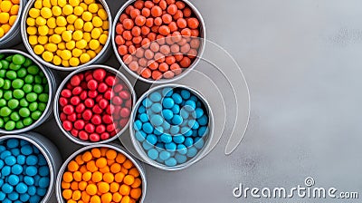 Brightly colored candy bins arranged in a neat factory layout under sharp lighting ready for distribution in a Stock Photo