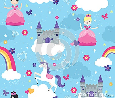 Brightly Colored Castle in the Clouds Seamless Vector Pattern with Princesses and unicorn Vector Illustration