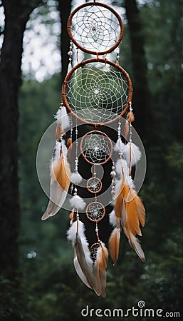 a brightly colored dreamcatcher with light-colored feathers in the woods. Stock Photo