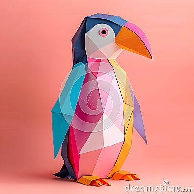 Generative AI. Vibrant, Multicolored Origami Penguin Standing Against a Soft Pink Background Stock Photo