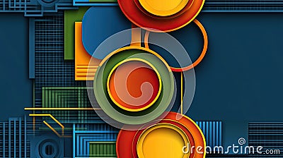 Brightly colored geometric shapes overlap, creating an abstract design filled with vibrant hues and dynamic angles that Stock Photo