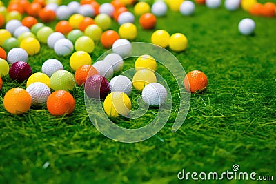 brightly colored golf balls scattered on green turf Stock Photo