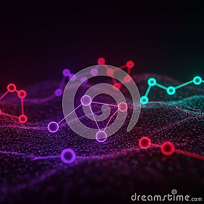 Brightly colored nodes connected by lines form abstract networks over a dark, wave Stock Photo