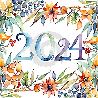 Brightly colored number 2024 reflecting the new year on white background. Generative AI Stock Photo