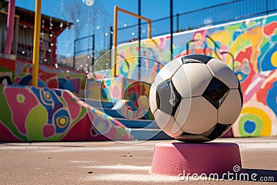 a brightly colored soccer ball resting on a swing set Stock Photo