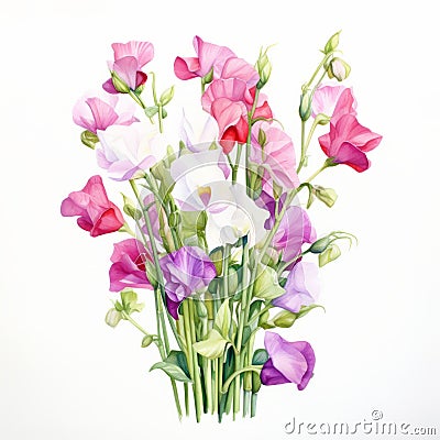 Brightly Colored Sweet Pea Bouquet: Photorealistic Watercolor Painting Stock Photo