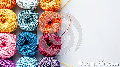 Brightly colored yarn rolls are neatly arranged in rows, creating a vibrant grid with plenty of space for adding text or Stock Photo