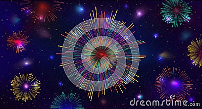 Brightly Colorful Fireworks on dark background. Cartoon Illustration