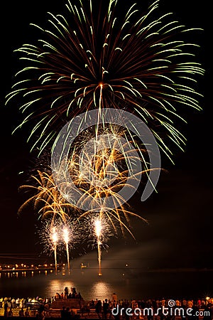 Brightly colorful fireworks in the night sky Stock Photo