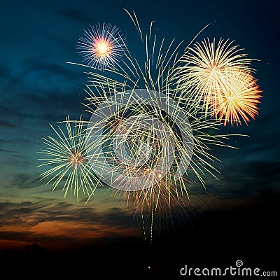 Brightly colorful fireworks in the night sky Stock Photo