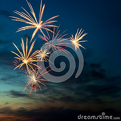 Brightly colorful fireworks in the night sky Stock Photo