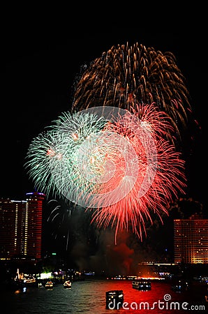 Brightly colorful fireworks in the night sky Stock Photo