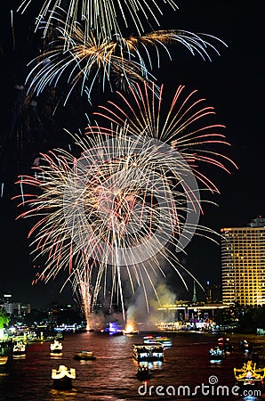 Brightly colorful fireworks in the night sky Stock Photo