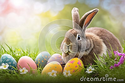 Brightly Coloured Easter Eggs and Bunny Nestled in a Bed of Fresh Grass Stock Photo