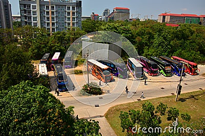 Brightly coloured tourist buses Editorial Stock Photo