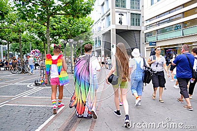 brightly dressed LGBTQ community in LGBT before pride parade, participants of international LGBTQ movement, cultural diversity, Editorial Stock Photo