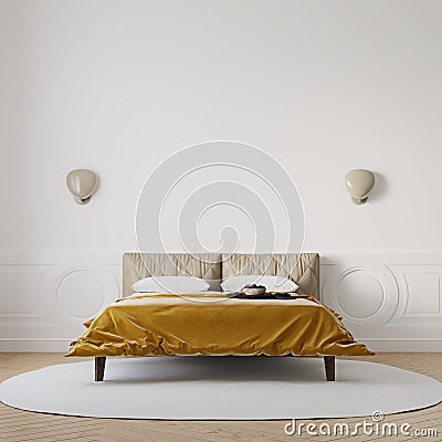 Brightly lit bedroom with vibrant gold color bedspread, mock-up with negative space Cartoon Illustration