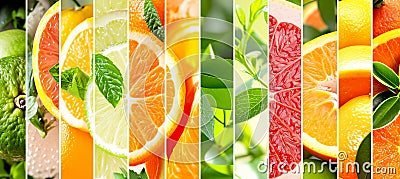 Brightly lit citrus fruit collage with white vertical division lines, minimum 7 segments Stock Photo