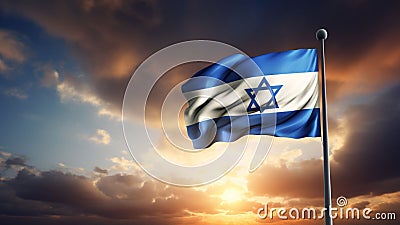 Brightly lit Israeli flag is waving in the sky as the sun sets in the background Stock Photo