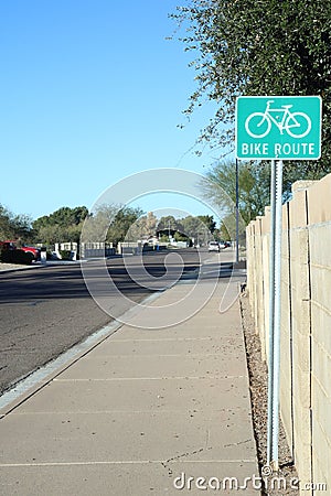 Bike Route road sign at residential city street Stock Photo