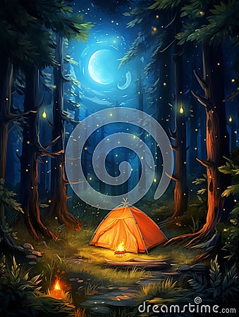 brightly lit orange tent set up near a campfire Stock Photo