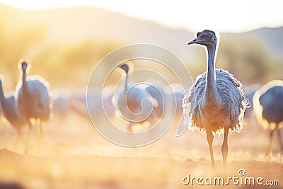 brightly lit ostrich flock at golden hour Stock Photo