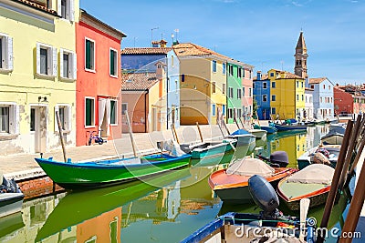 Colorful houses and canals on the island of Burano near Venice Editorial Stock Photo