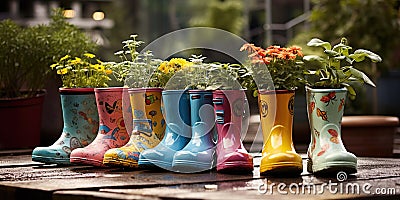 Brightly painted, rain boots used as flowers pots, concept of Vibrant repurposing Stock Photo