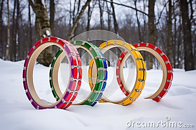 brightly painted tambourines against a snowy background Stock Photo