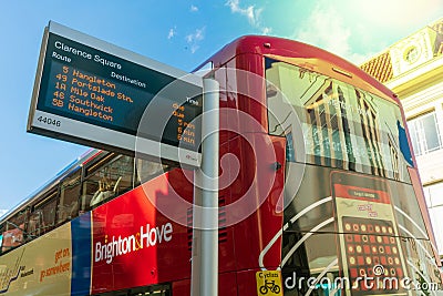 Brighton, England-1 October,2018: Bus stop with digital data boa Editorial Stock Photo
