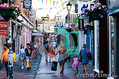 Brighton, UK - June 2018 People Walking Thru the Narrow Alley on Busy Day. Shops in The Lane in Brighton East Sussex Editorial Stock Photo