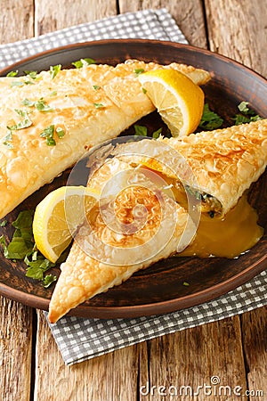 Brik Tunisian savory filo dough pastry stuffed with tuna, vegetables and egg close-up in a plate. vertical Stock Photo