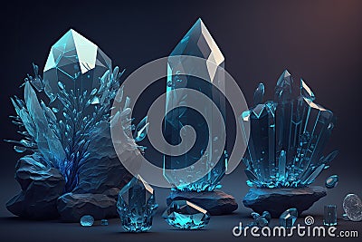 Brilliant blue crystals of various shapes, mystical materials. Generative ai Stock Photo