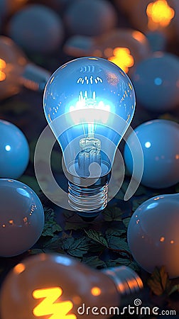Brilliant growth 3D glowing bulb rises above unlit incandescents Stock Photo