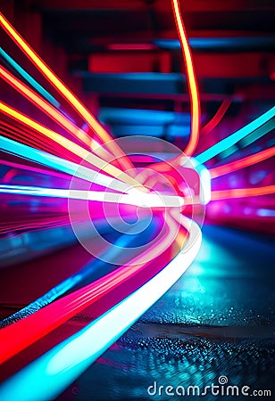 Brilliant lines of light intersect and swirl, forming a captivating display of colors. This luminous abstraction invokes Stock Photo
