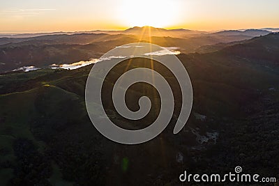 Aerial View of Brilliant Sunrise in Northern California Stock Photo