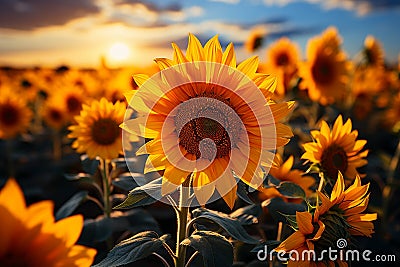 Brilliant yellow sunflowers sway in a sunny meadow. Stock Photo
