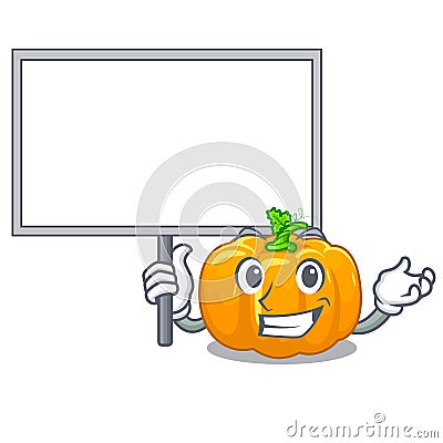 Bring board yellow pumpkin above wooden mascot table Vector Illustration