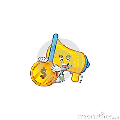 Bring coin yellow loudspeaker cartoon character with mascot Vector Illustration