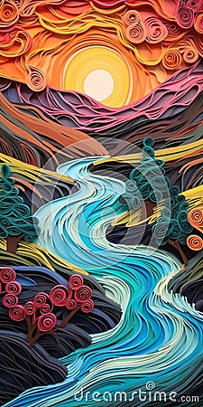 Create A Surreal 3d Paper Quilling Painting Of A Tumultuous Cascading River At Sunset In The Alps Stock Photo